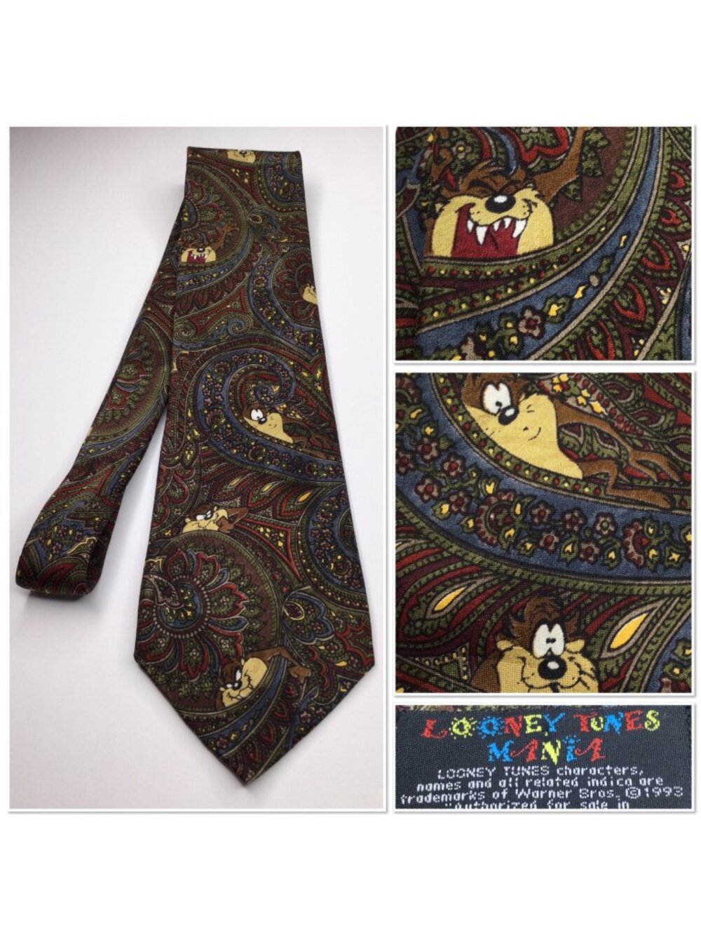 Looney Tunes Mania Taz Paisley Neck Tie 1993 Licensed Warner Bros